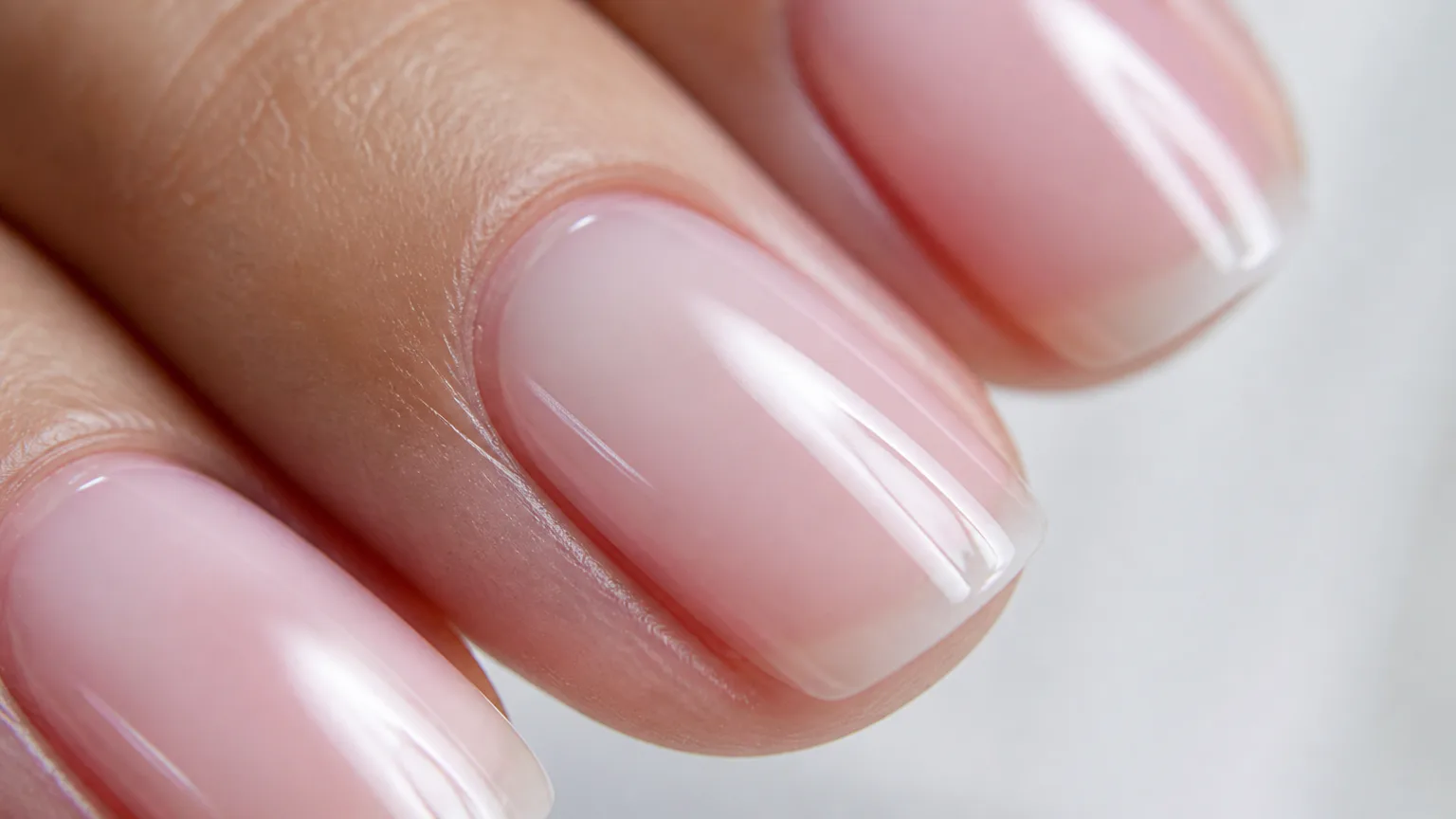 Close-up of glossy pink manicured nails