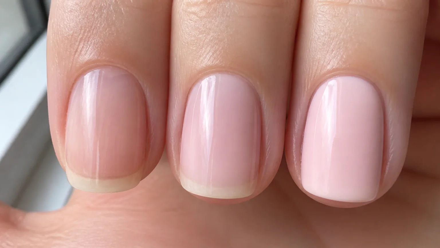 Close-up of three glossy pink fingernails