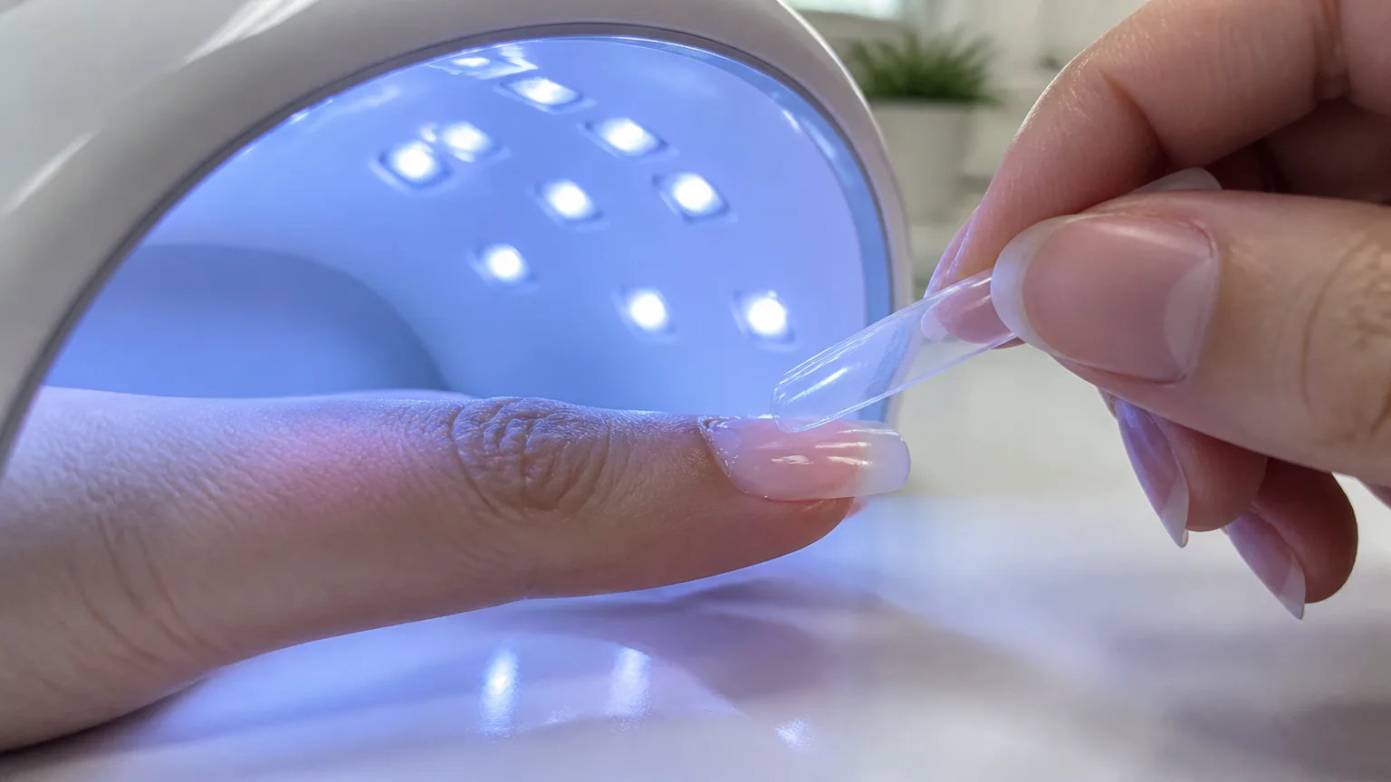 Applying a gel nail extension under UV light