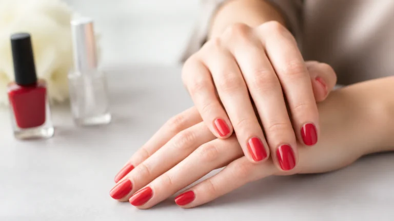Hands with glossy red nail polish