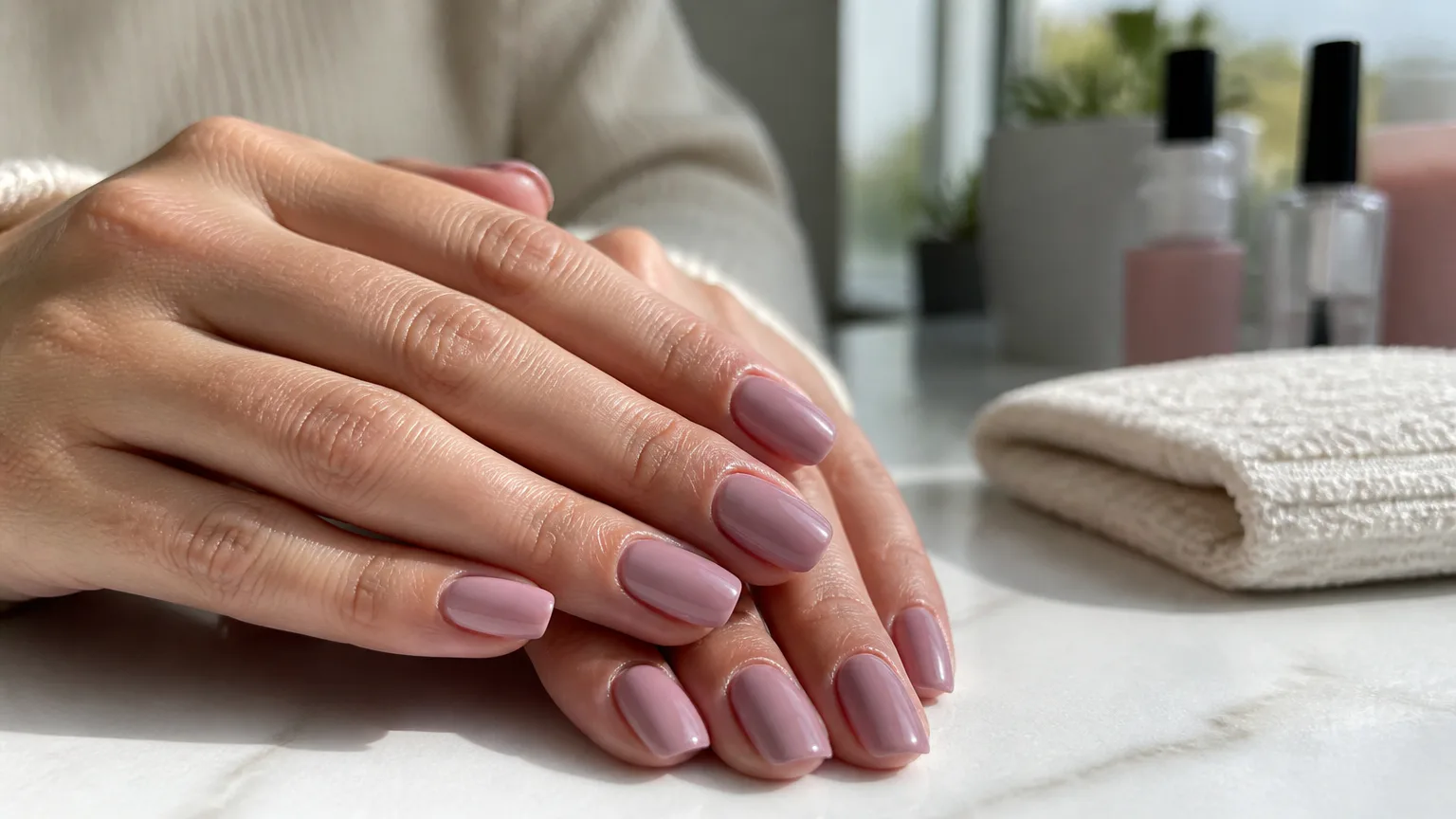 Hands with glossy pink manicured nails