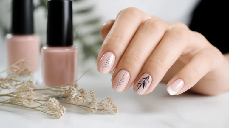 Hand with floral nail art beside nail polish