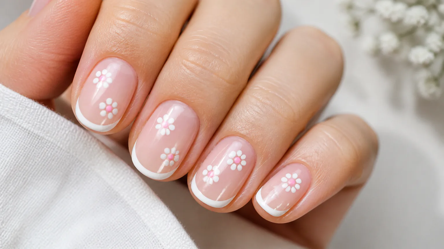 Pink floral French tip manicure