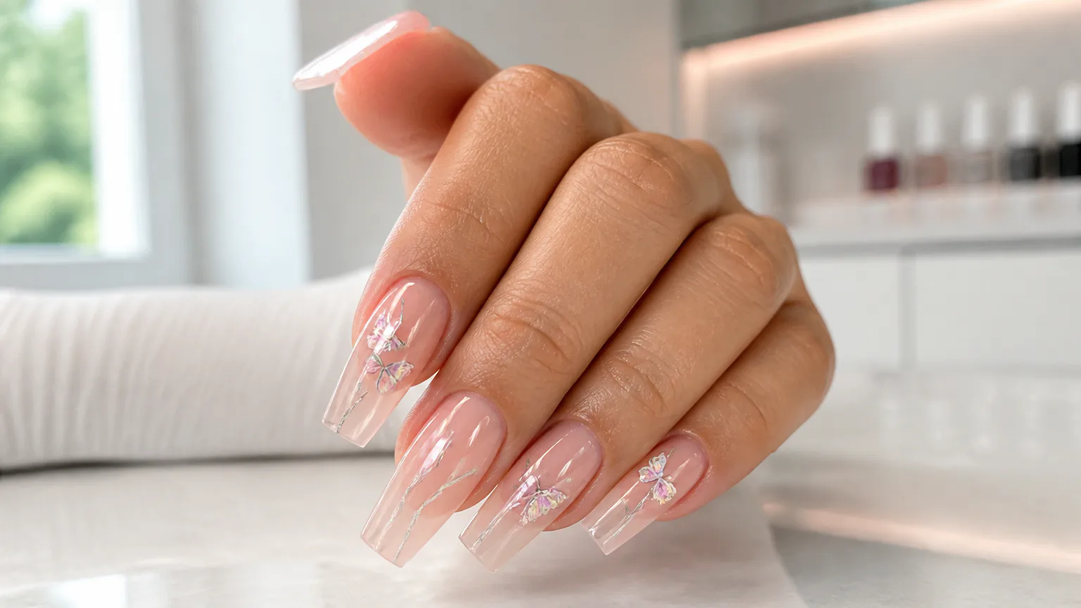 Hand with long pink butterfly nail art