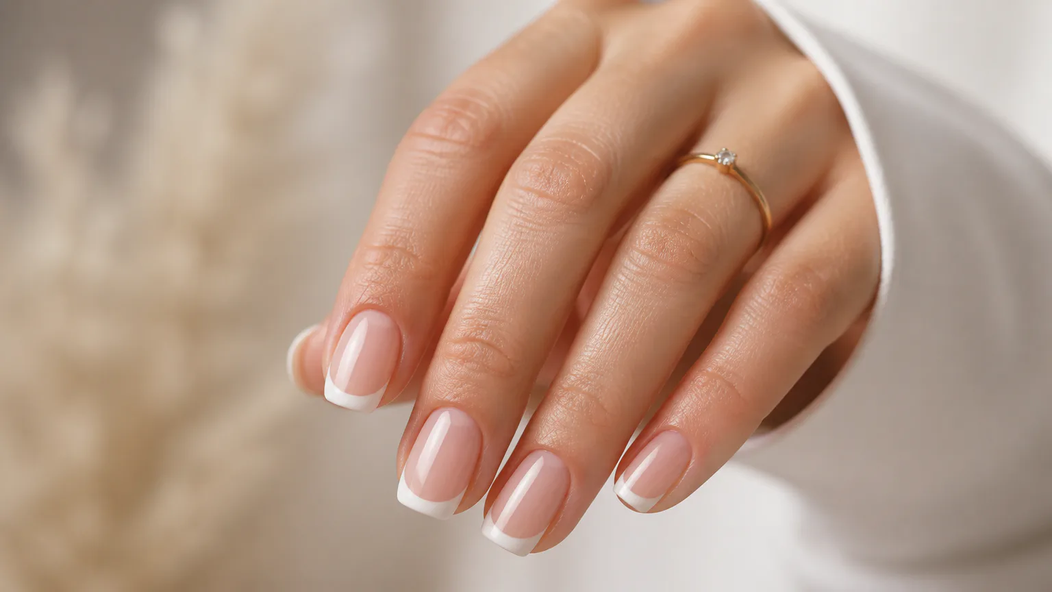 Hand with French manicure and gold ring