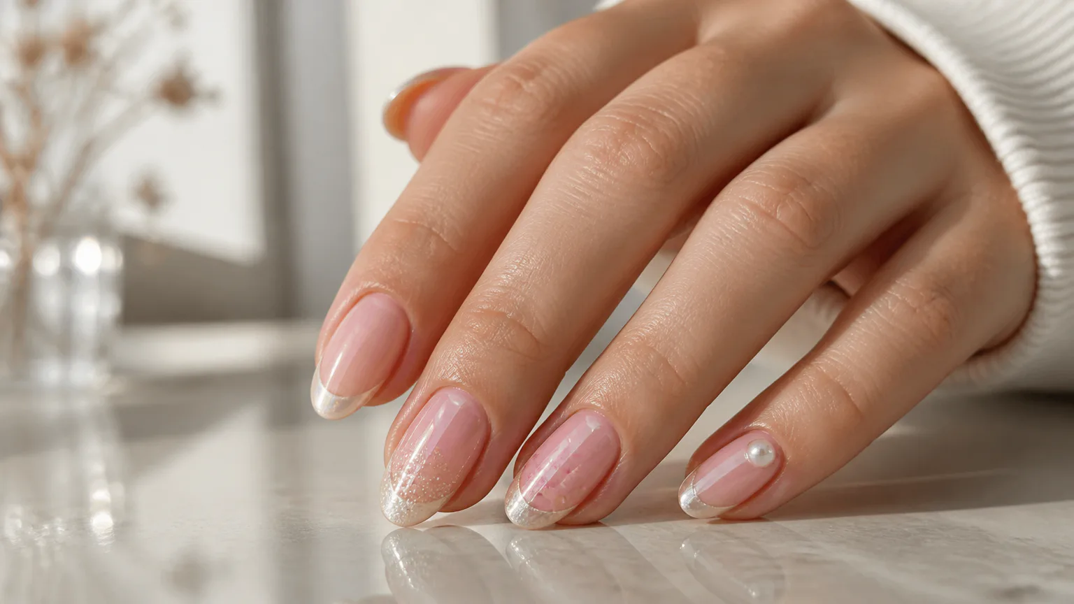 Close-up of pink French tip manicure