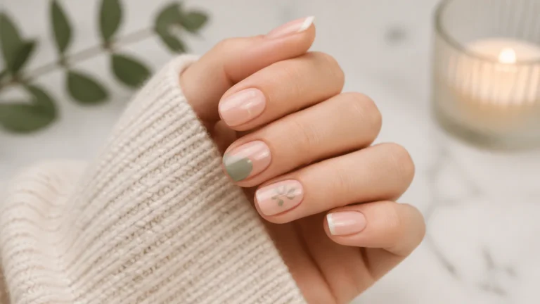 Hand with soft pink floral manicure