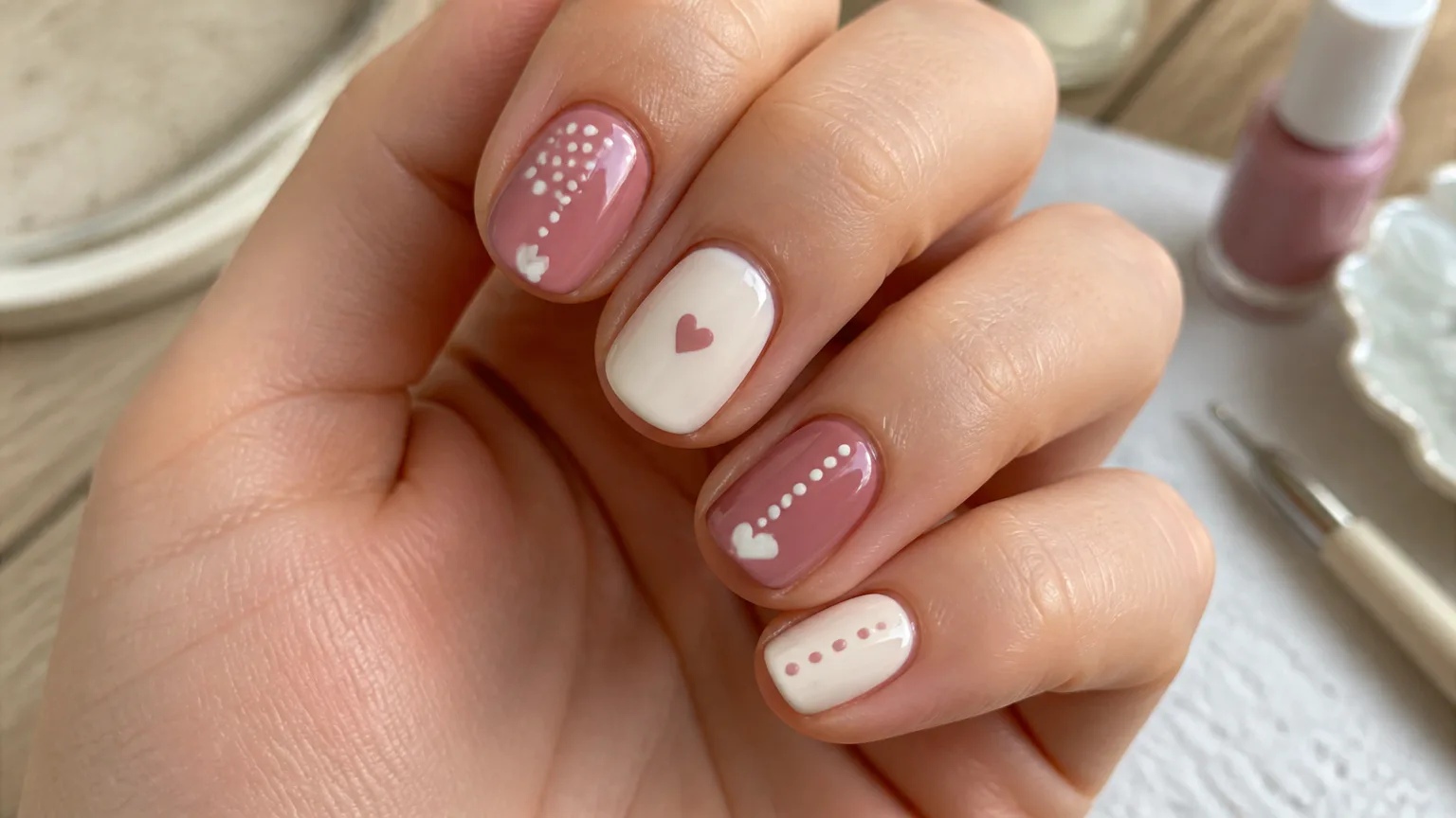 Pink and white heart nail art manicure
