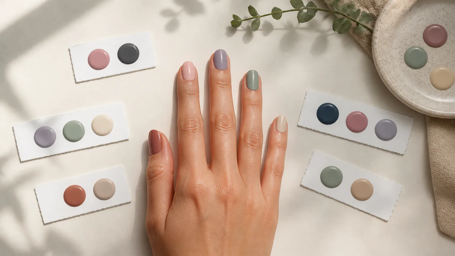 Hand displaying pastel nail polish colors
