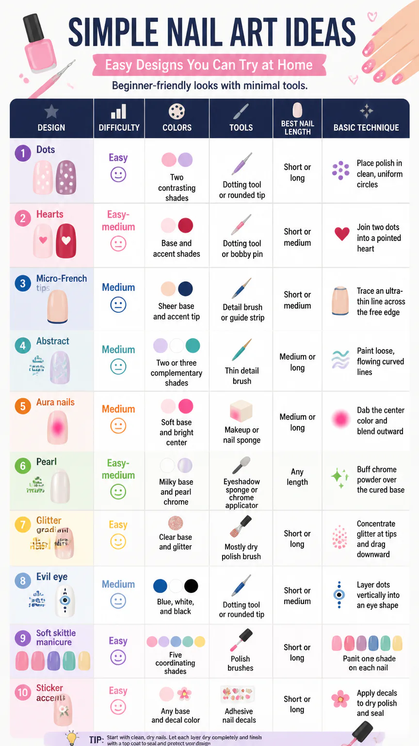 Nail art ideas infographic with tools and tips