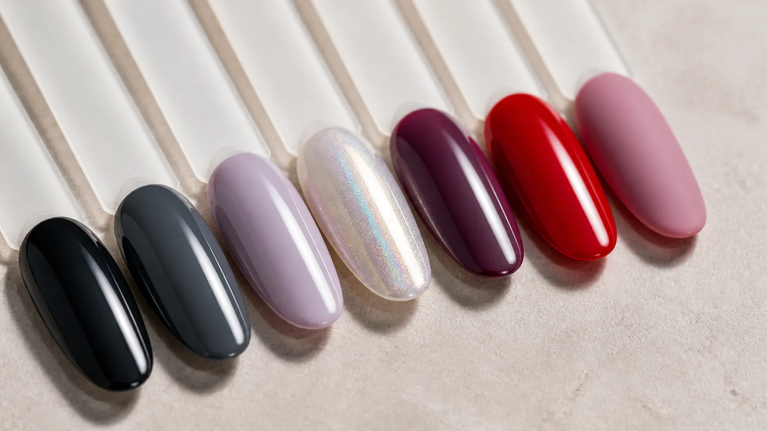Nail polish color swatches in varied shades