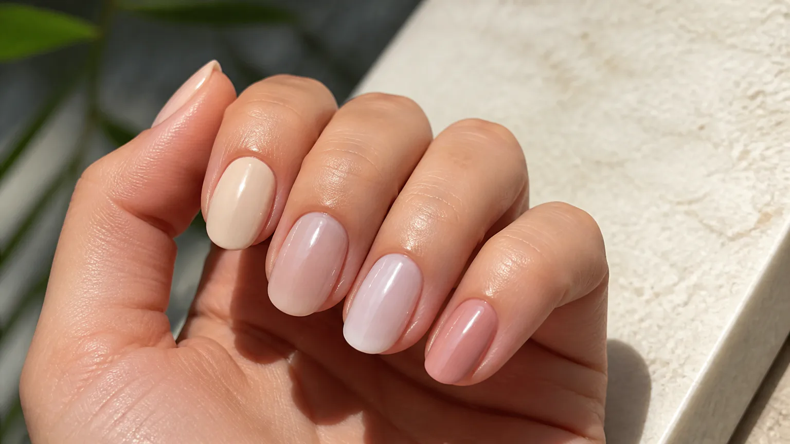 Hand with glossy pastel pink nails