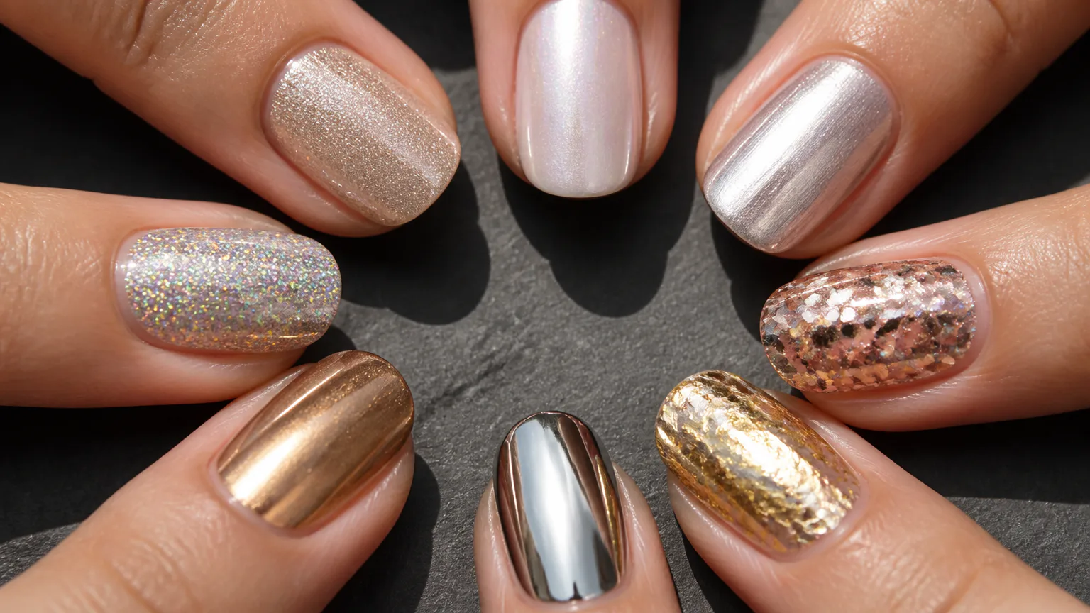 Close-up of assorted metallic manicures
