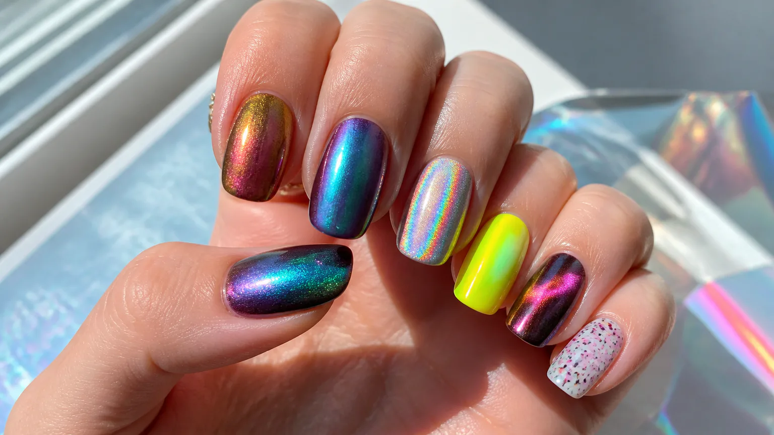 Colorful holographic nail art on hand