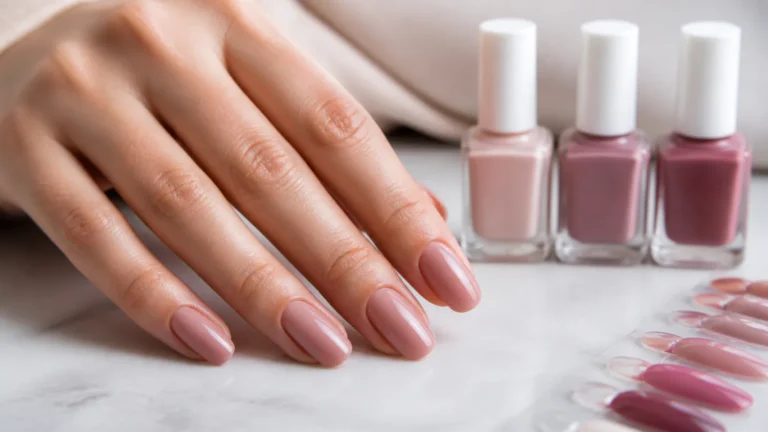 Hand with pink manicure and nail polish bottles