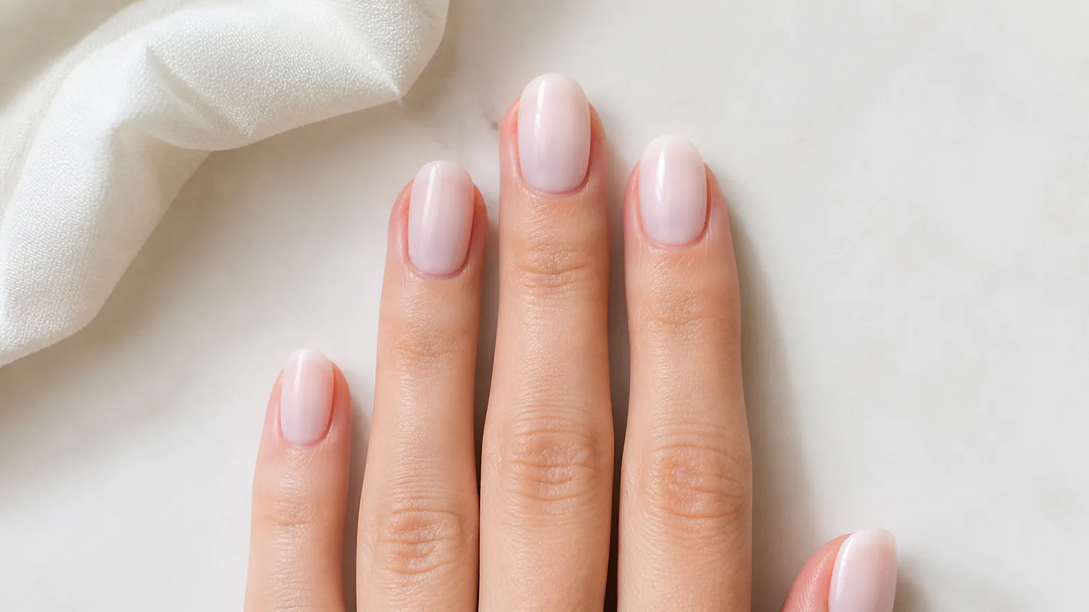 Hand with pale pink manicured nails
