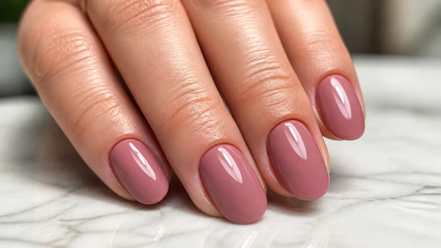 Close-up of glossy pink manicured nails