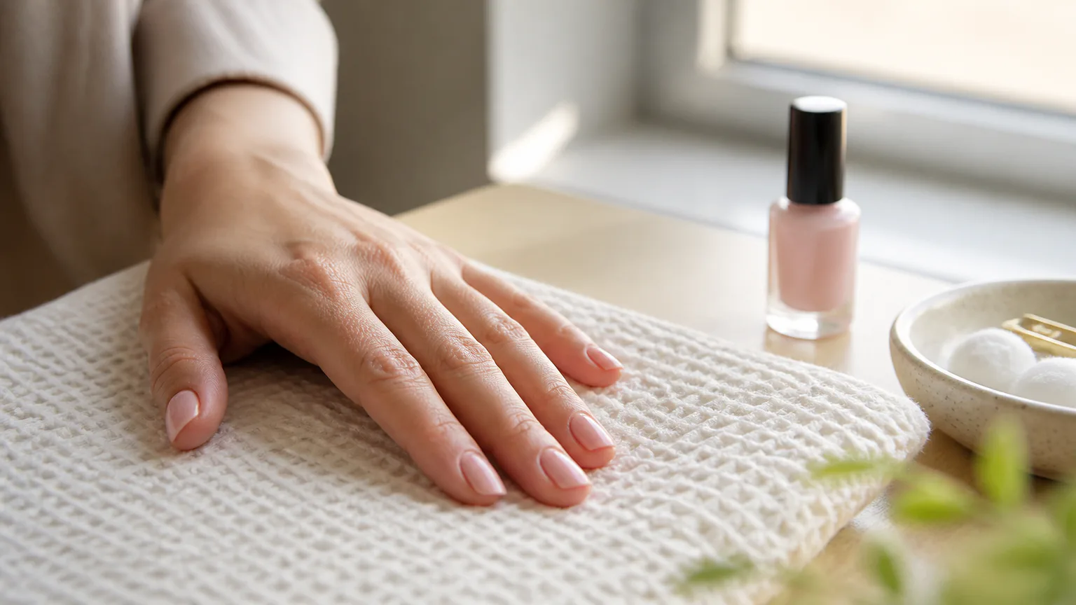 Hand with manicured nails beside nail polish