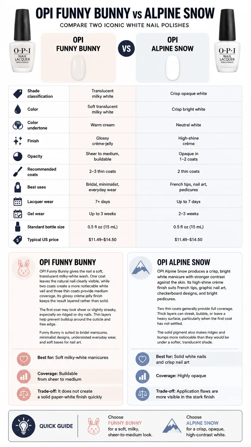 OPI Funny Bunny vs Alpine Snow comparison infographic
