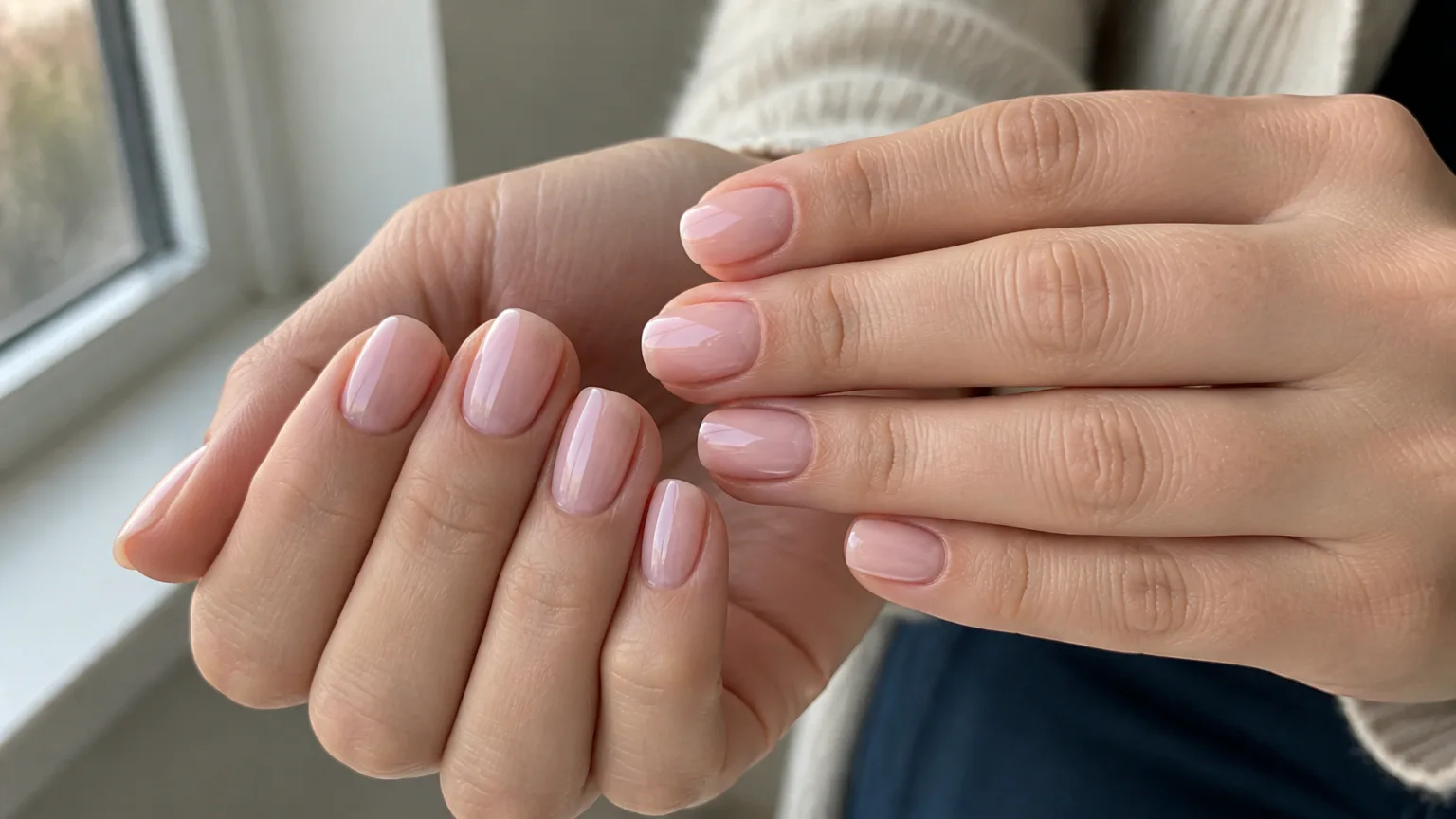essie color Hands with glossy pale pink manicured nails
