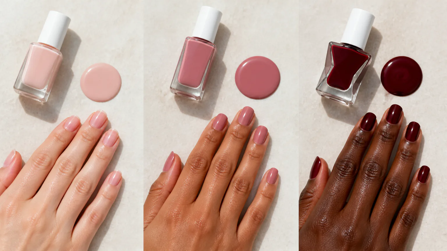 Nail polish shades shown on different skin tones