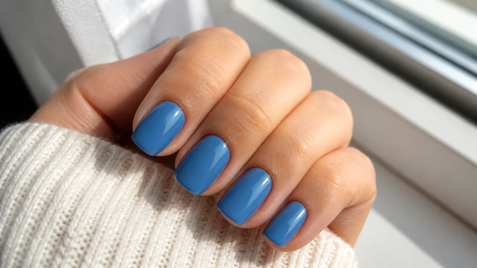 Hand with glossy blue painted nails