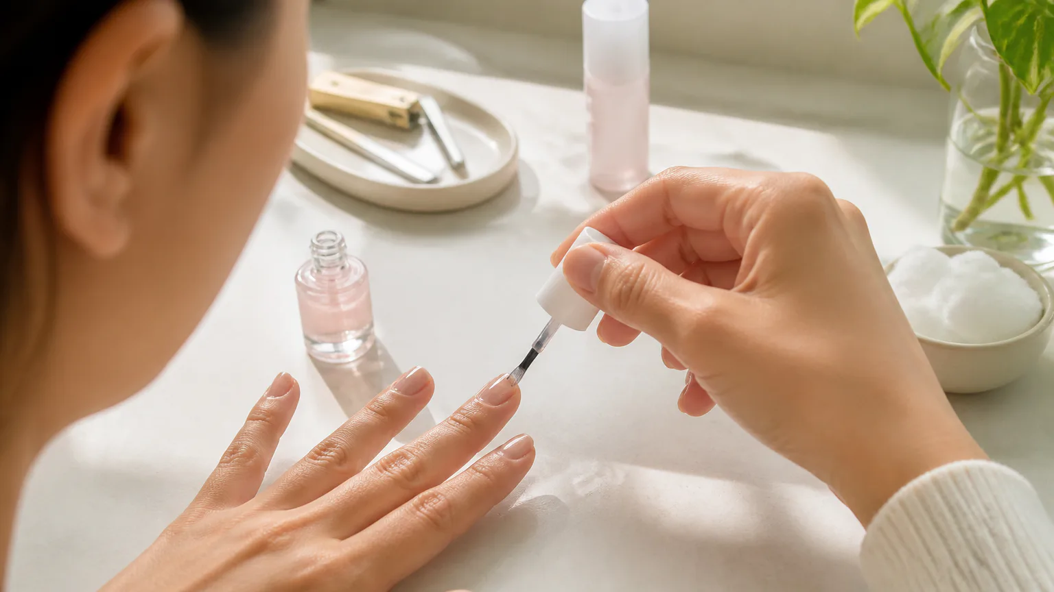 Olive and June nail polish Applying nail polish with a brush