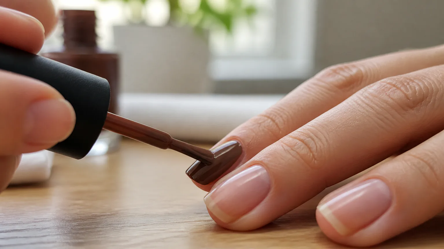 Close-up of applying brown nail polish