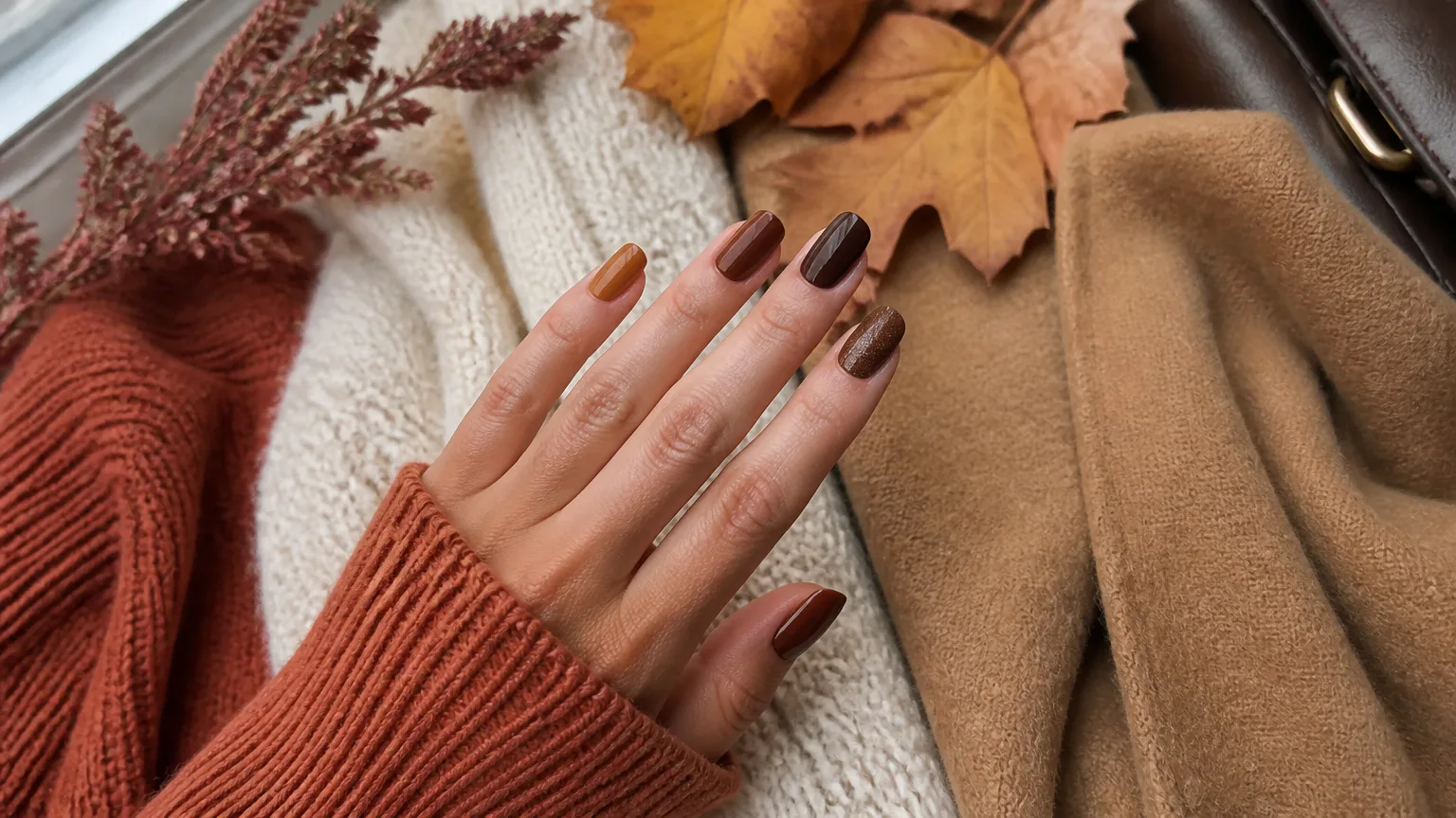 shades brown Hand with autumn-colored manicured nails