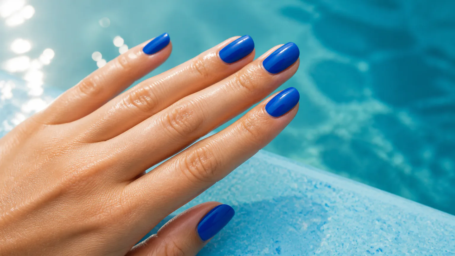 Best Blue Nail Polish Hand with blue manicure beside a pool