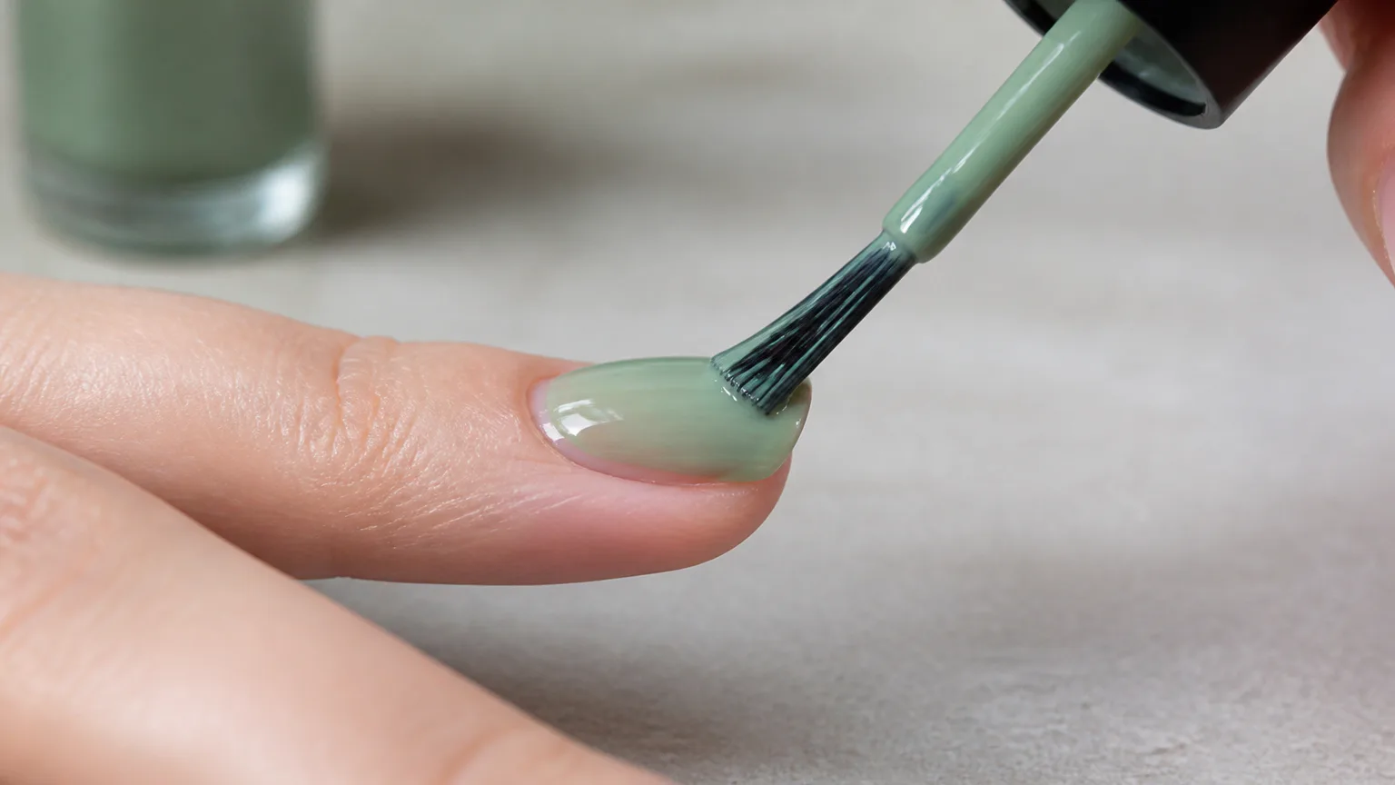 Applying green nail polish with a brush
