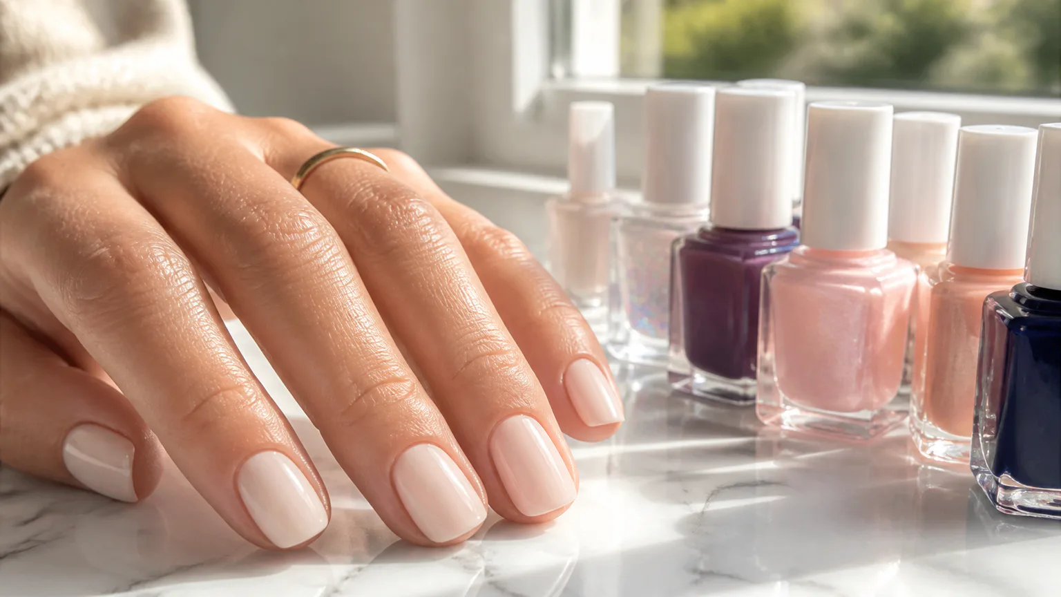 Manicured hand beside colorful nail polish bottles