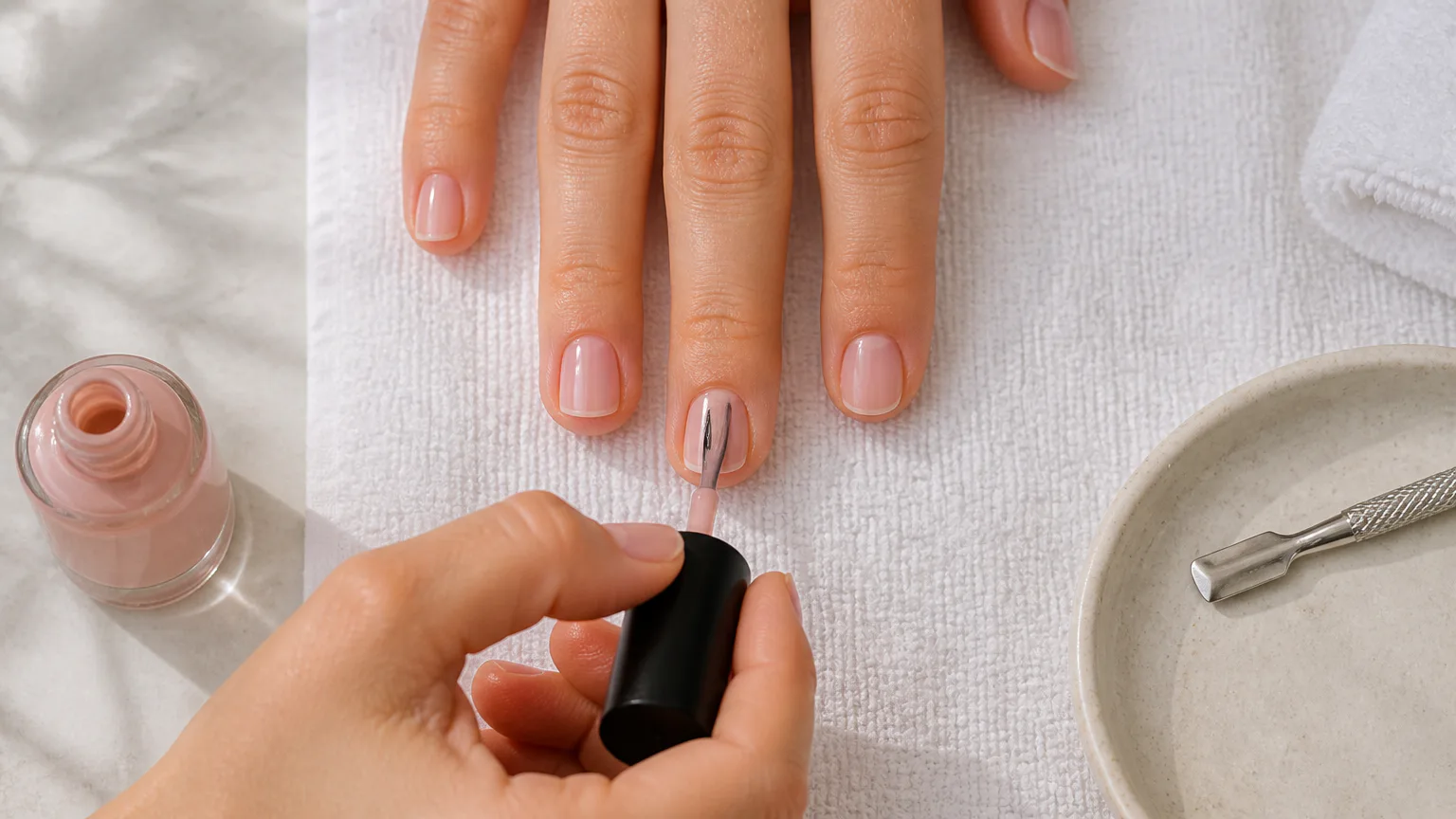 Applying nude nail polish during a manicure
