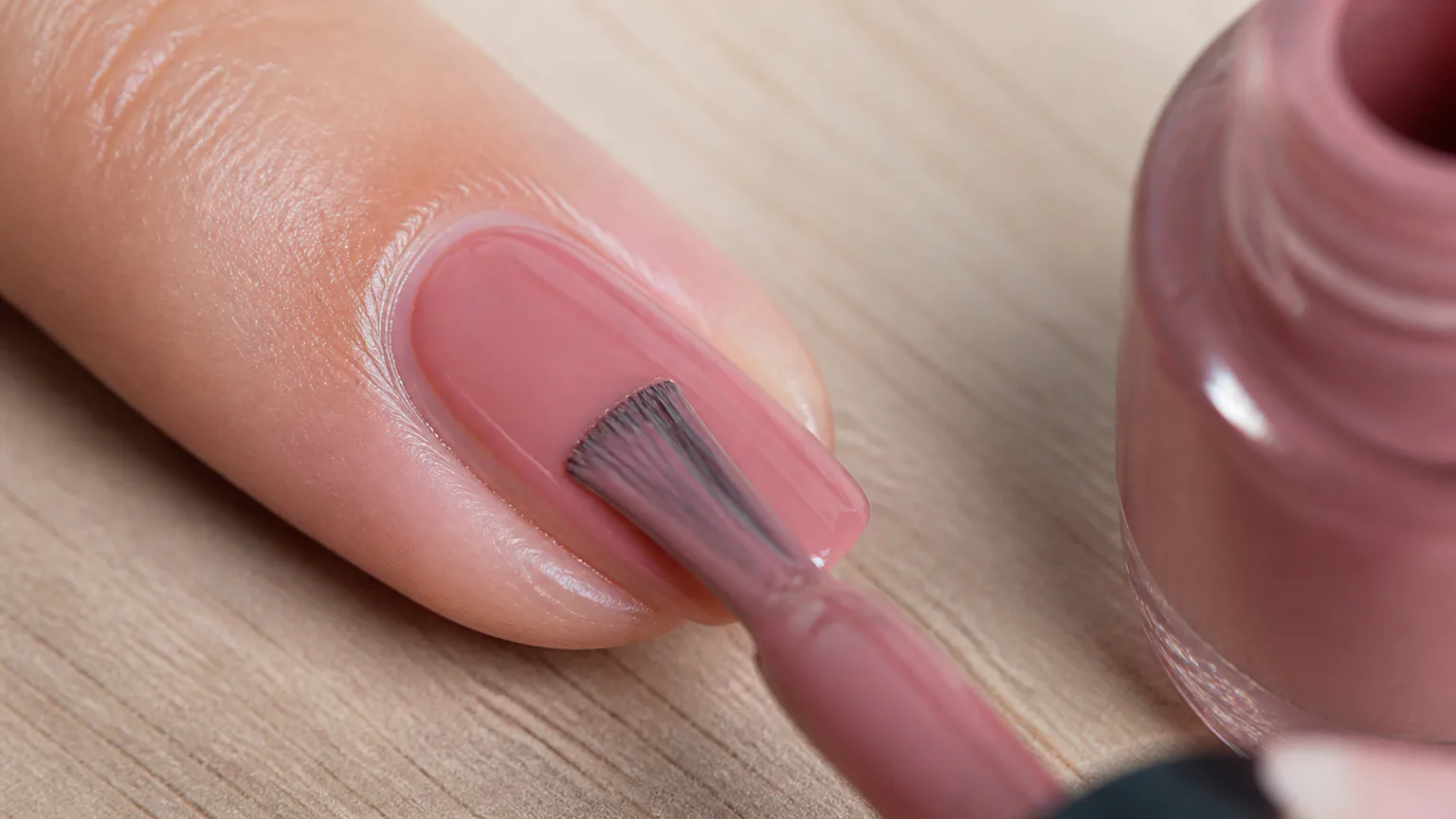 use three-stroke How to Apply Nail Polish brush on pink nail