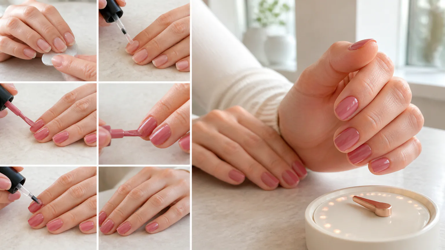 Pink manicure application and finished nails