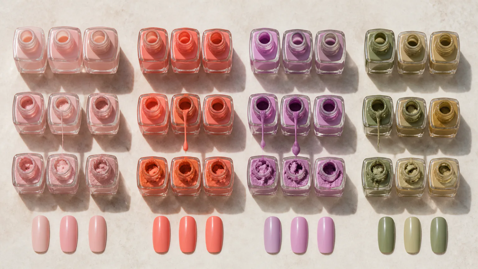 Nail polish bottles and color swatches