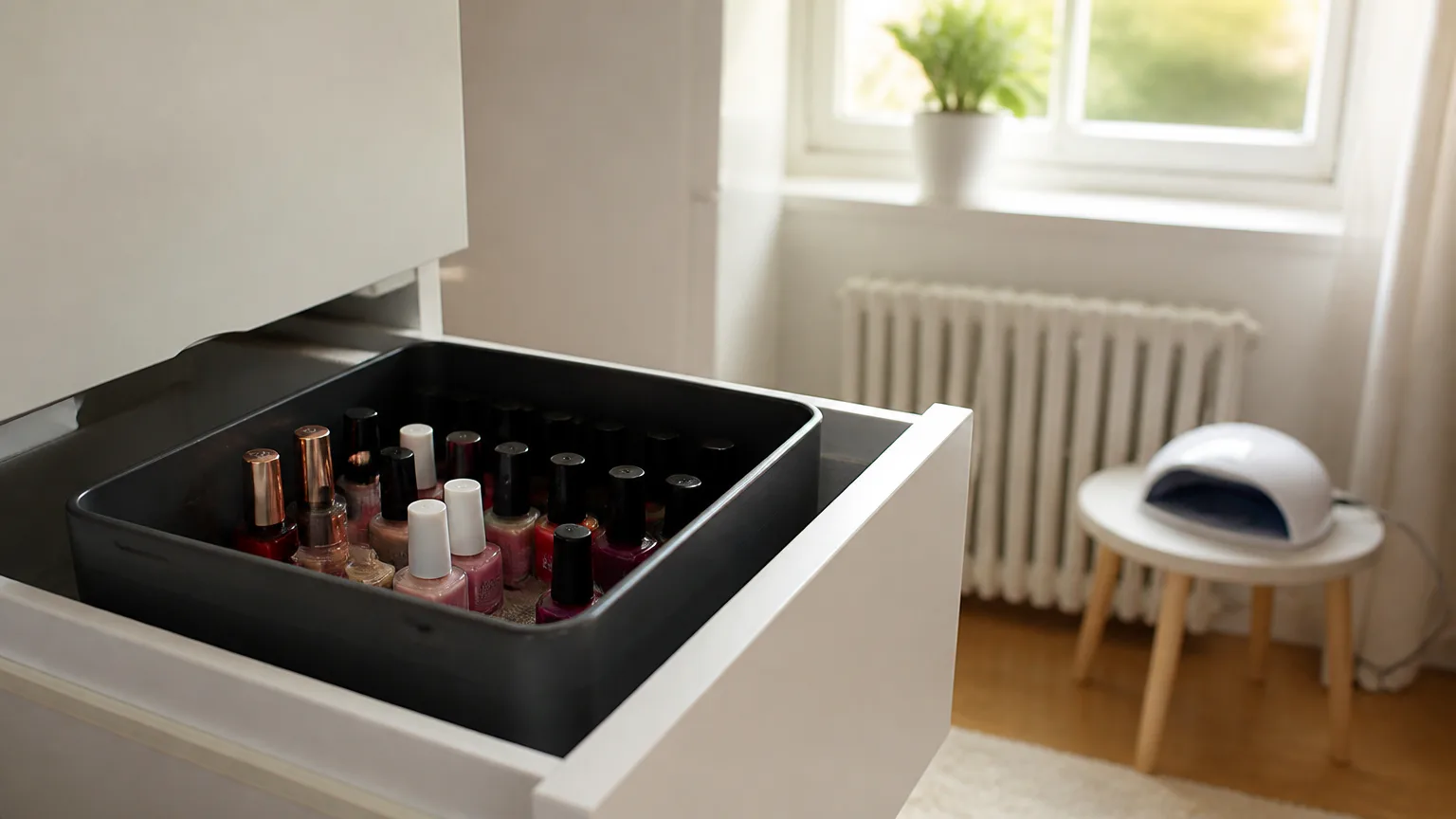 Drawer filled with colorful nail polish bottles