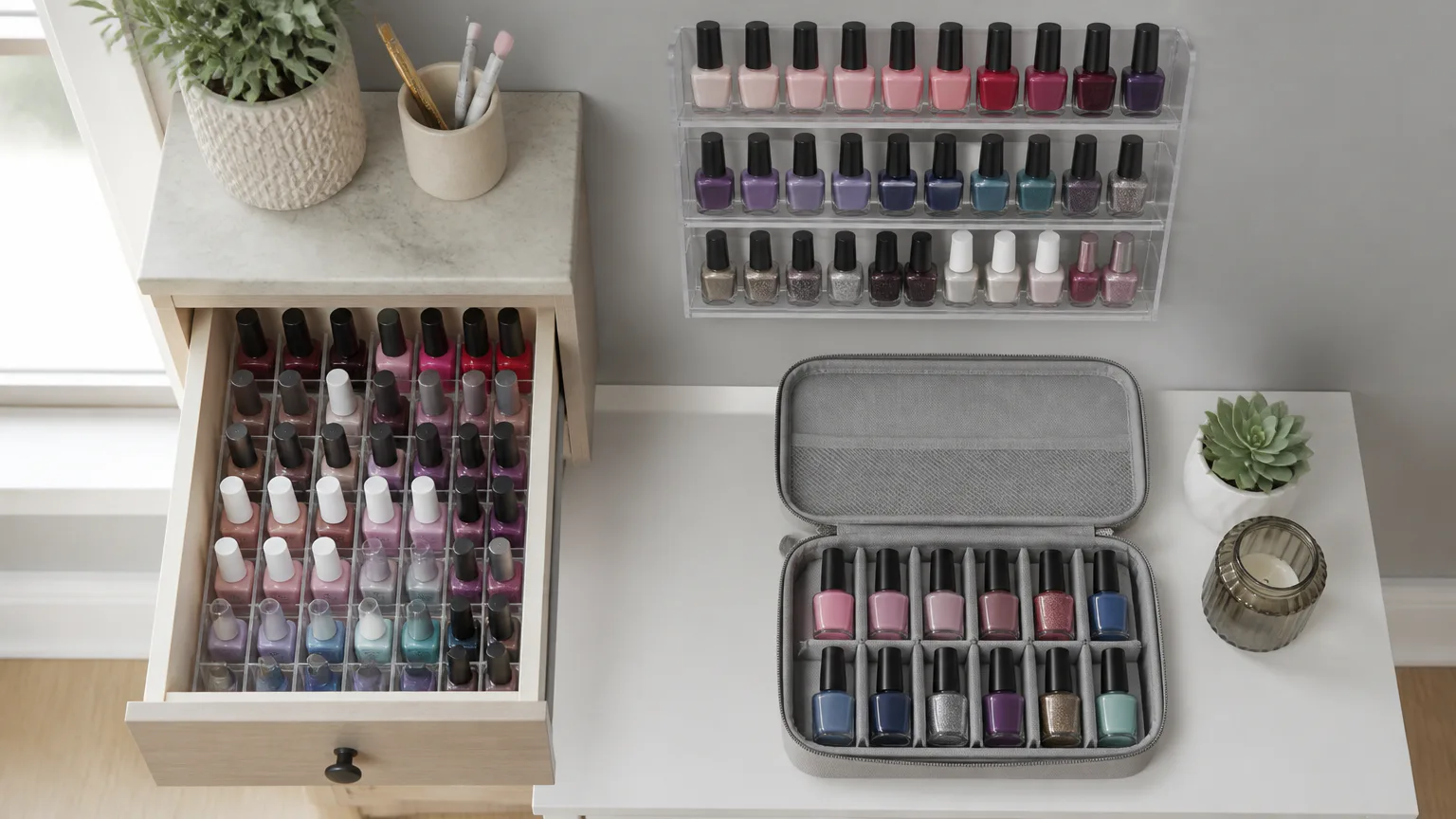 Organized nail polish collection in storage