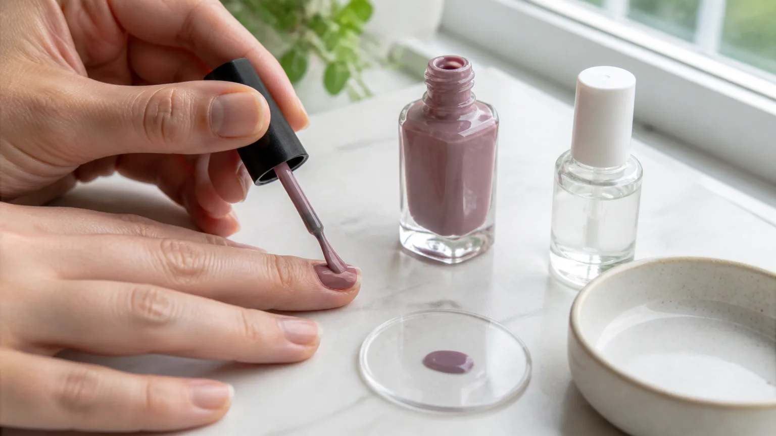 Applying mauve nail polish with a brush