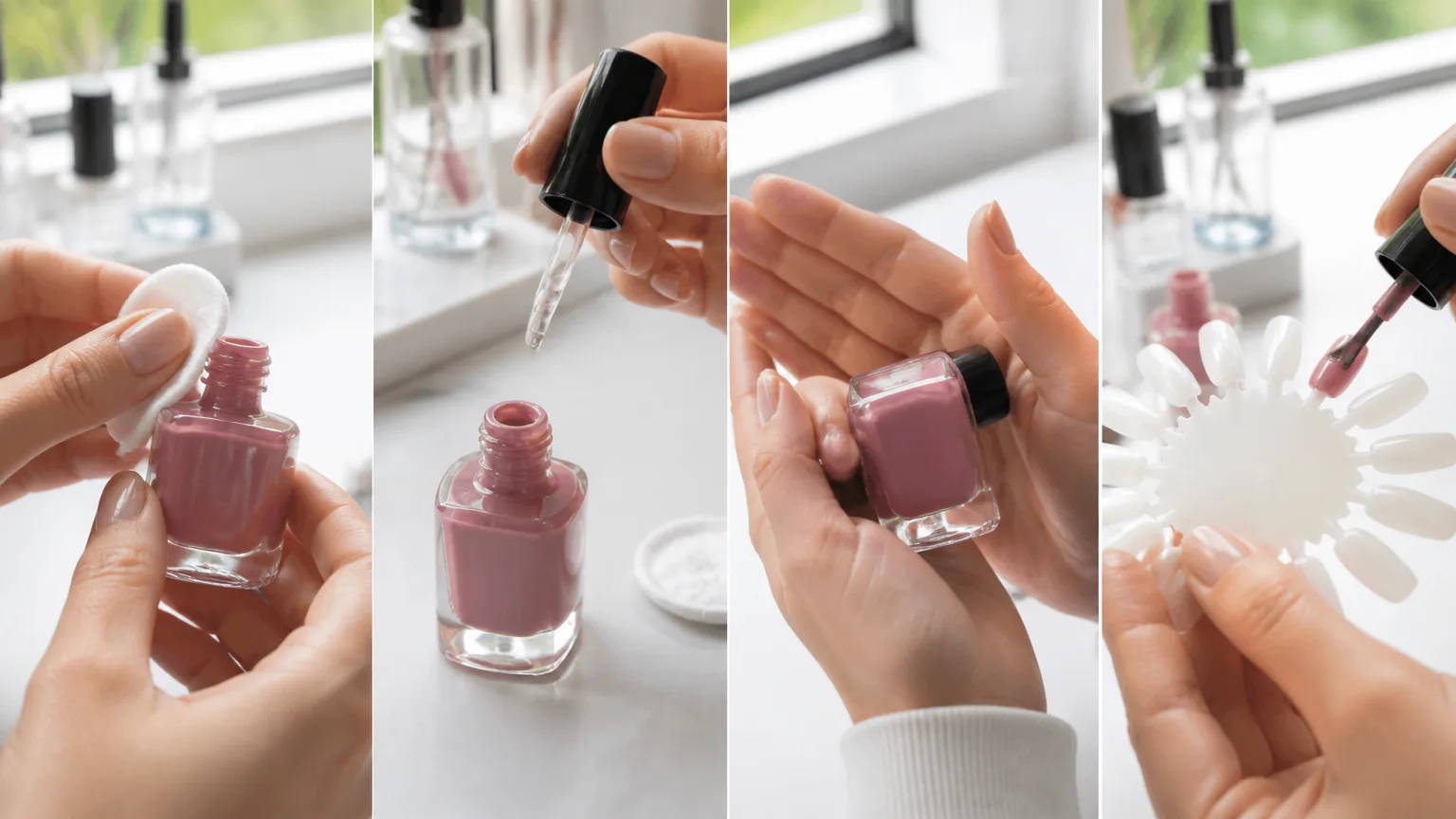 Hands applying pink nail polish