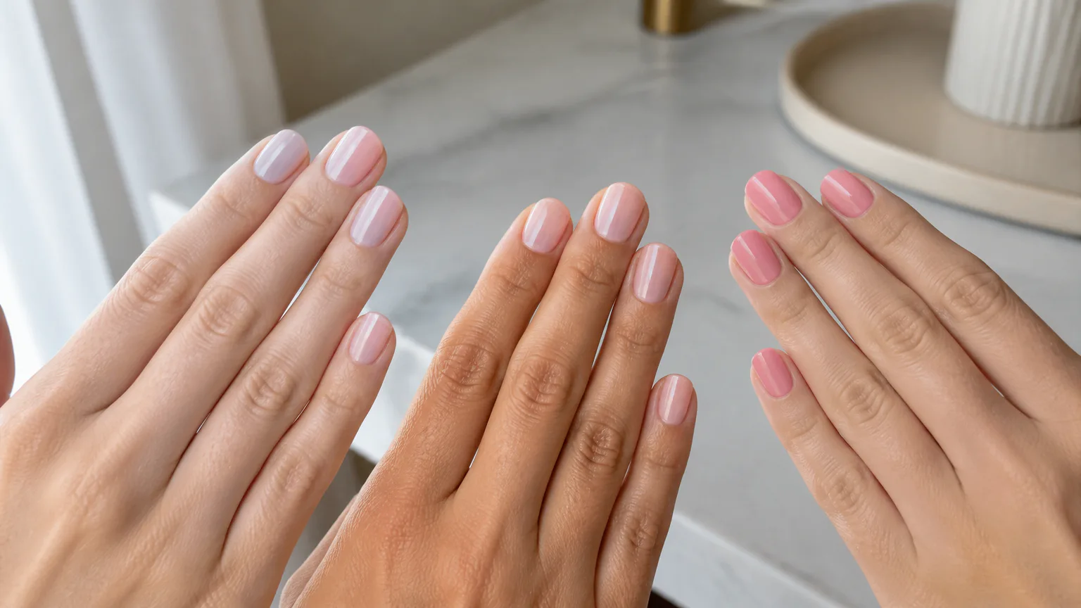 Essie Mademoiselle Three hands with pink manicures