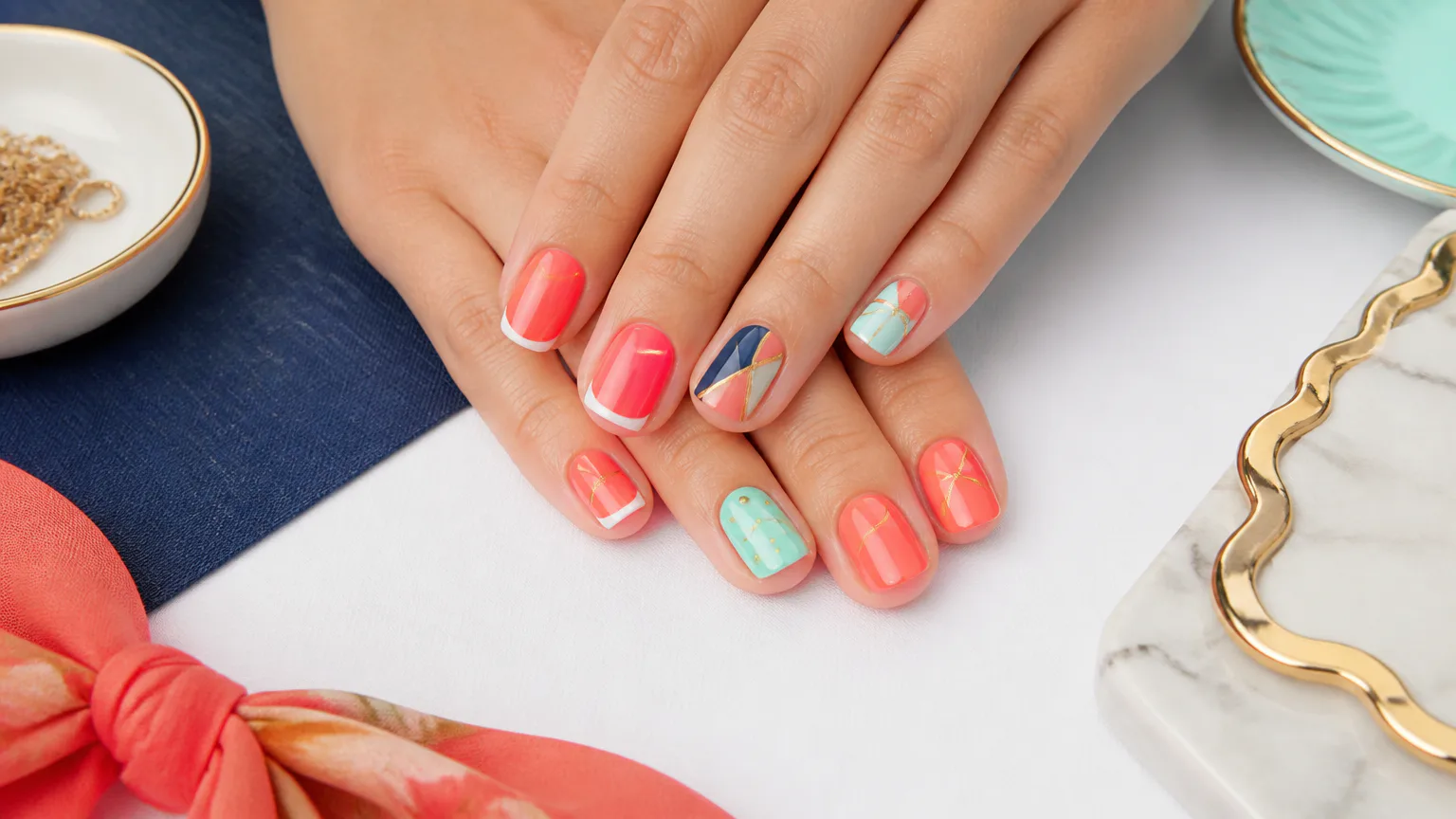 {"description":"Coral manicure with turquoise
