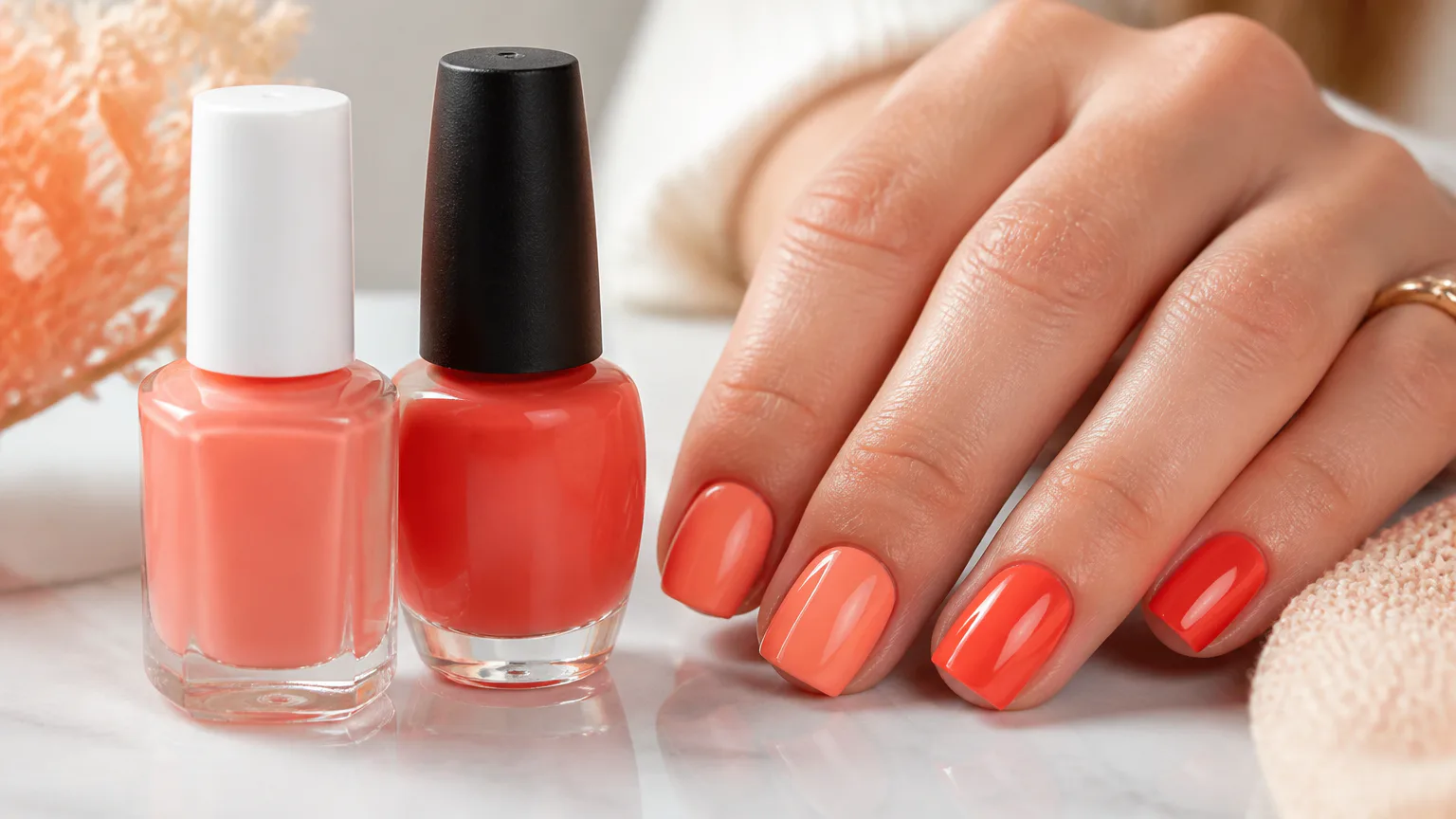 Coral nail polish bottles beside manicured hand