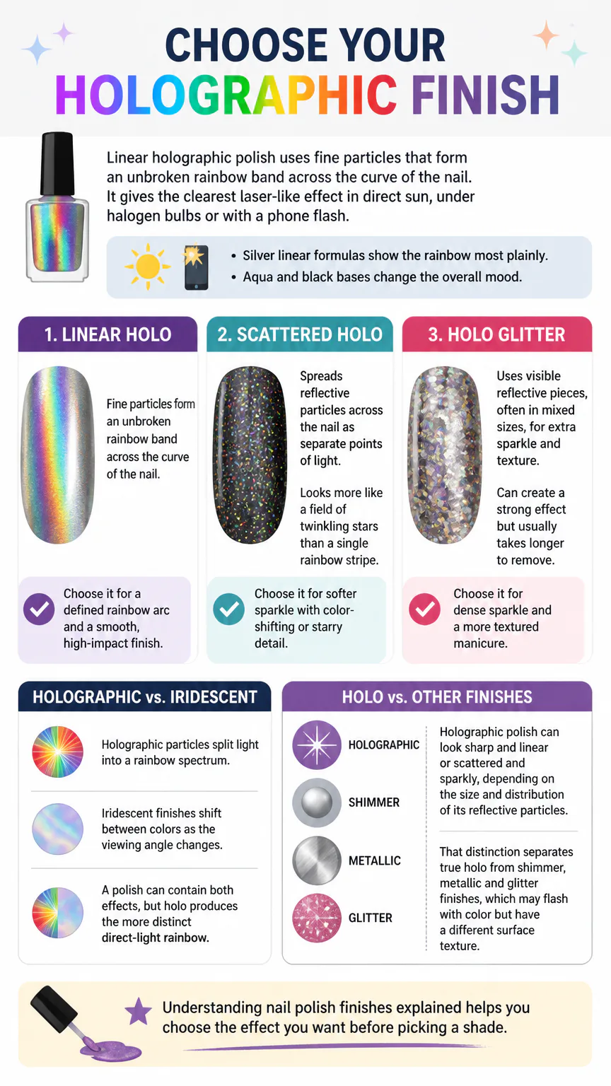 Infographic comparing holographic nail polish finishes