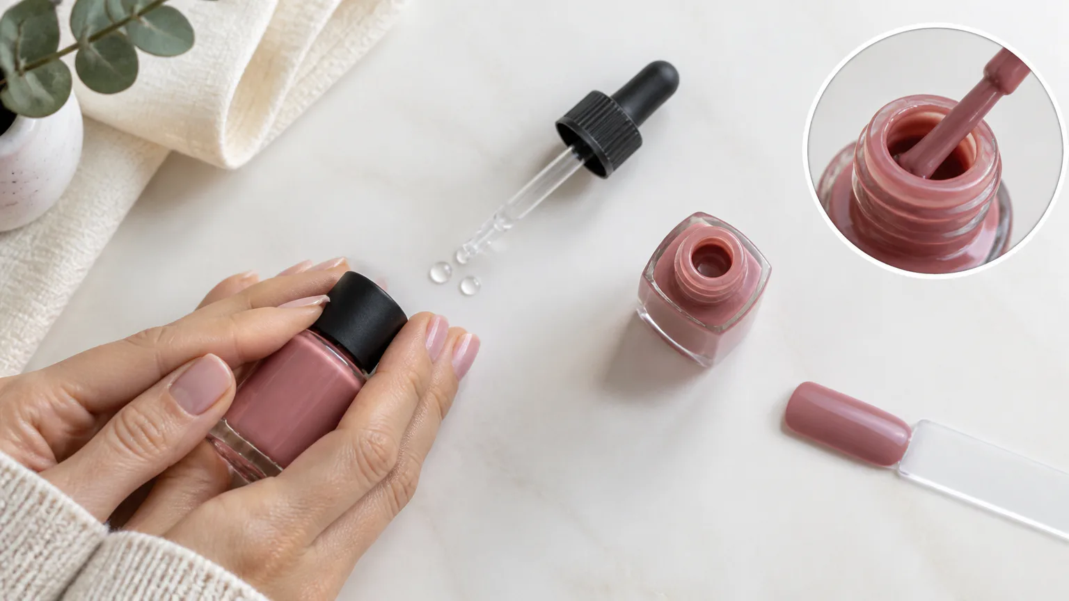 Nail polish bottles and dropper on a table
