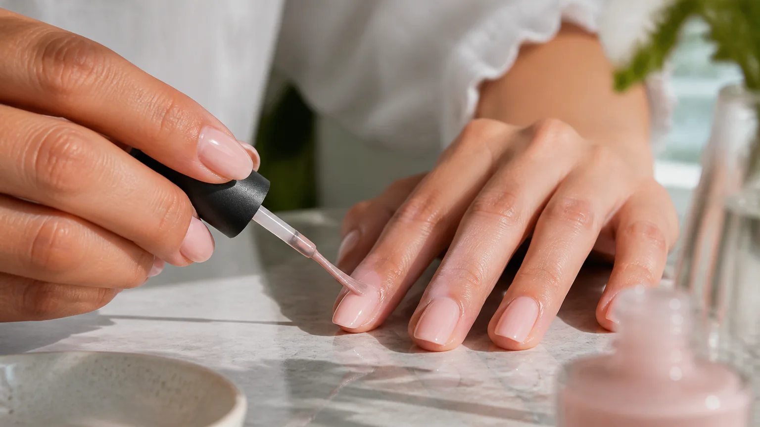 even coverage OPI Baby Take a Vow Applying pale pink...