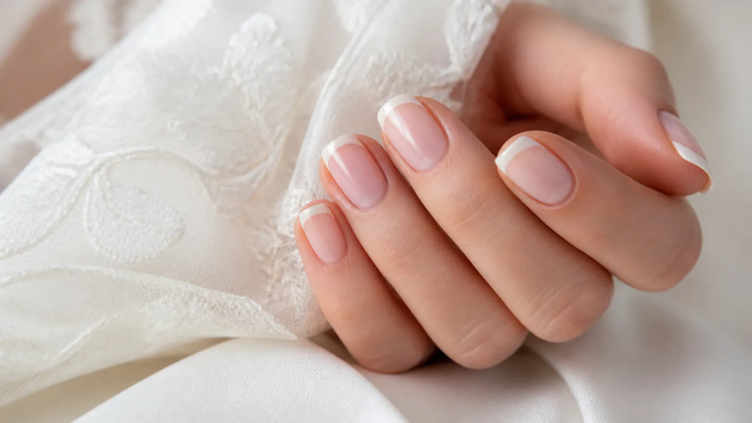 Close-up of hands with natural French manicure