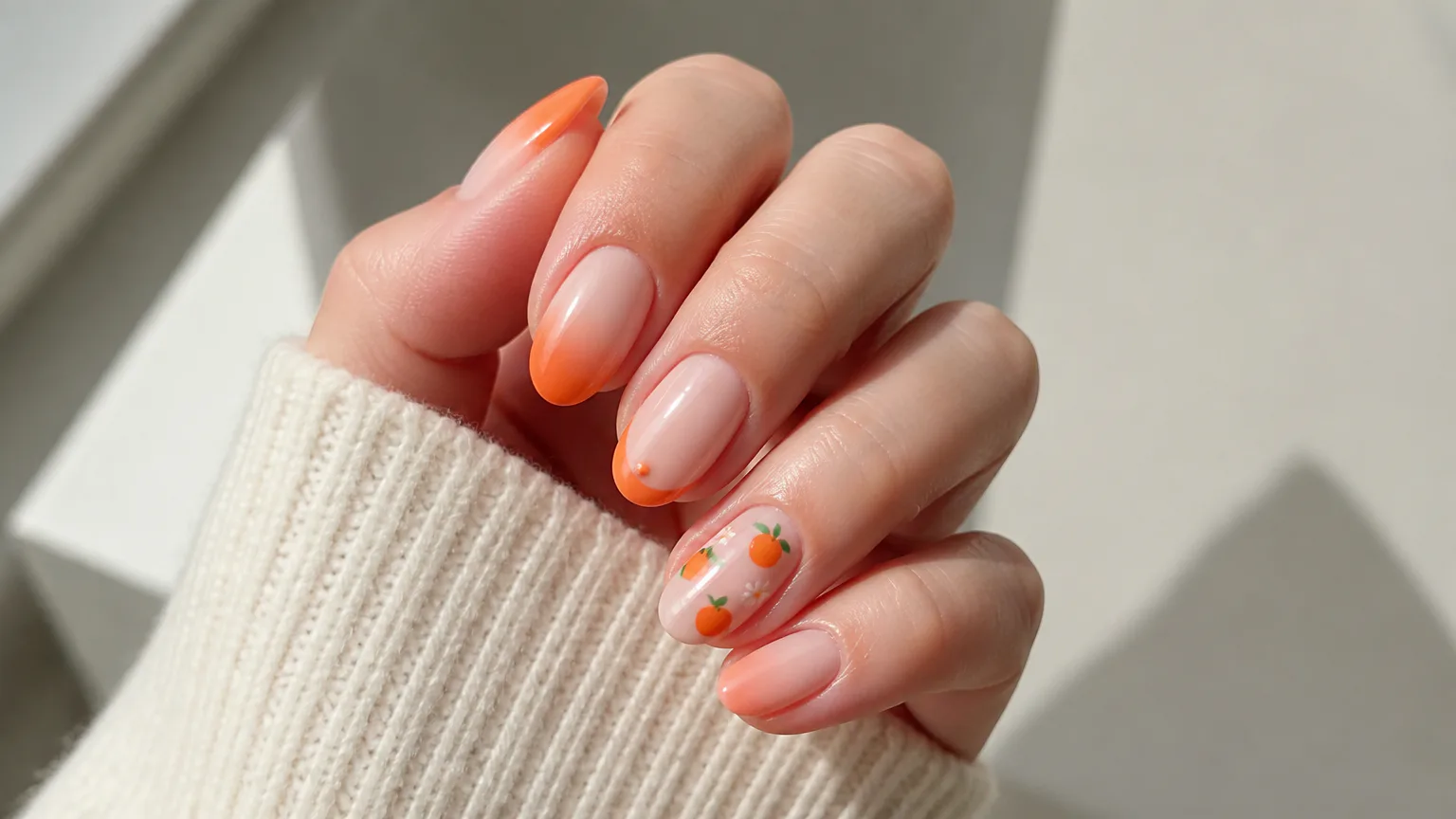 Orange-tipped manicure with tiny fruit nail art