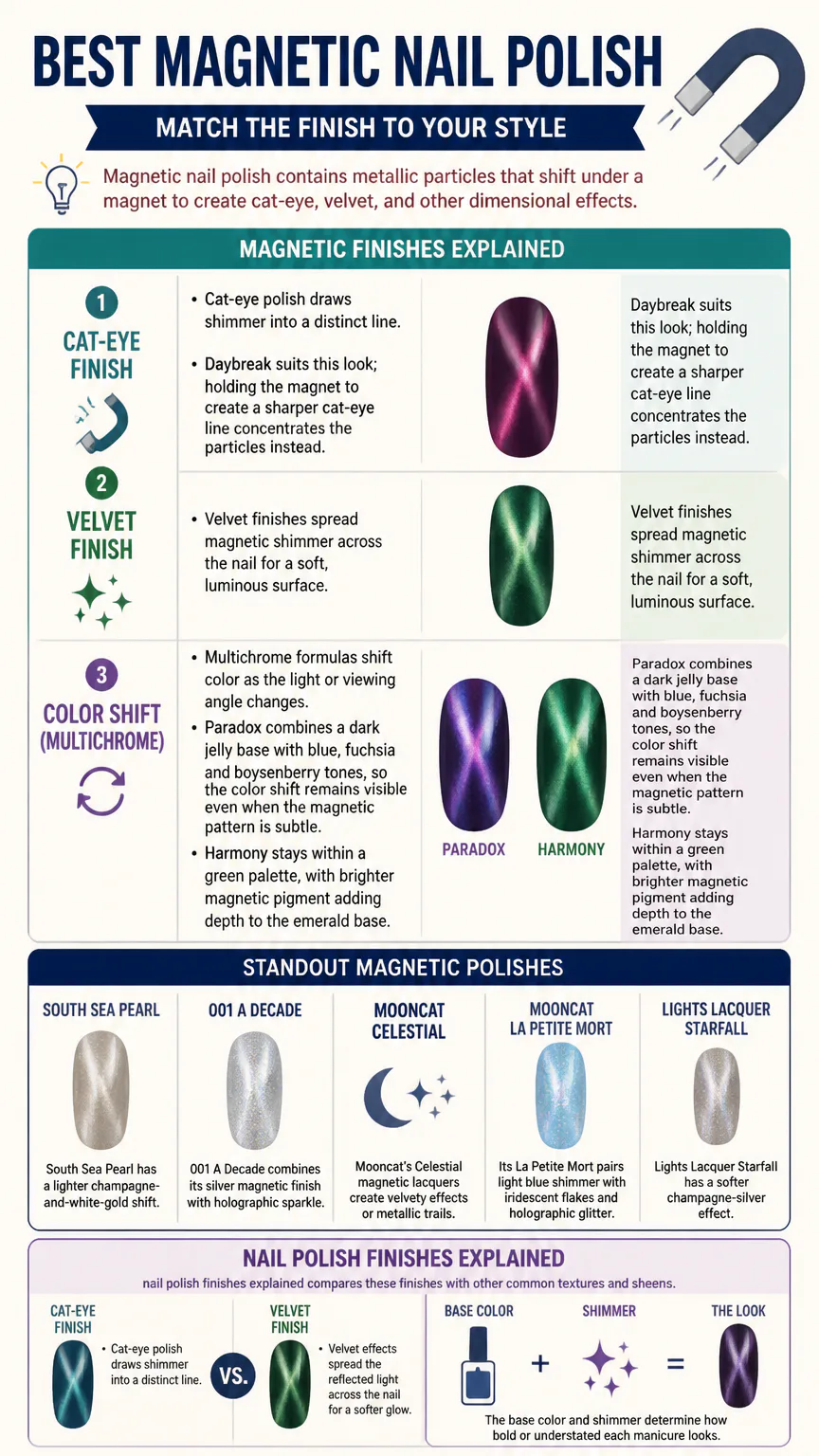 Infographic comparing magnetic nail polish finishes