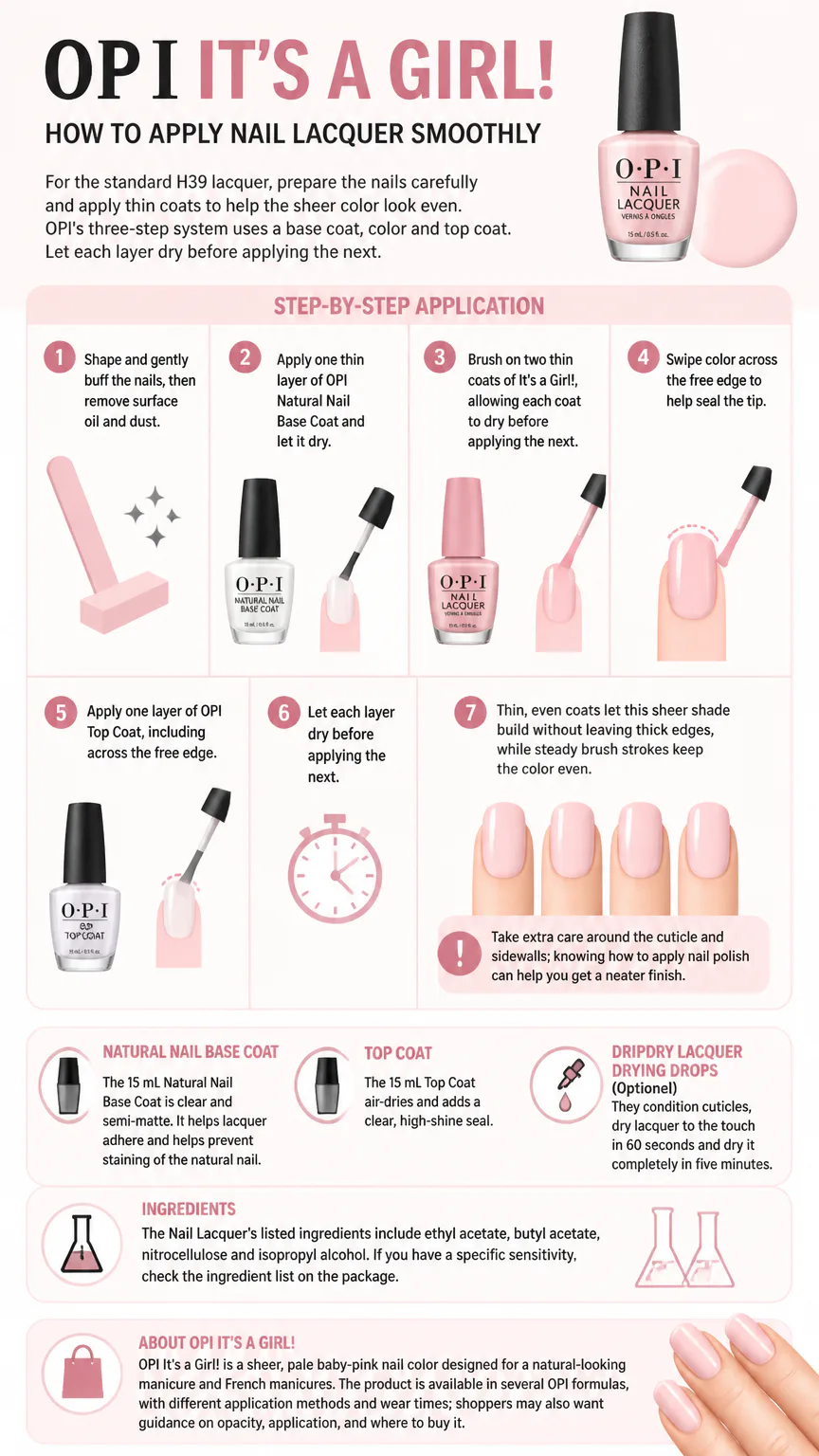 Infographic showing how to apply pink nail lacquer